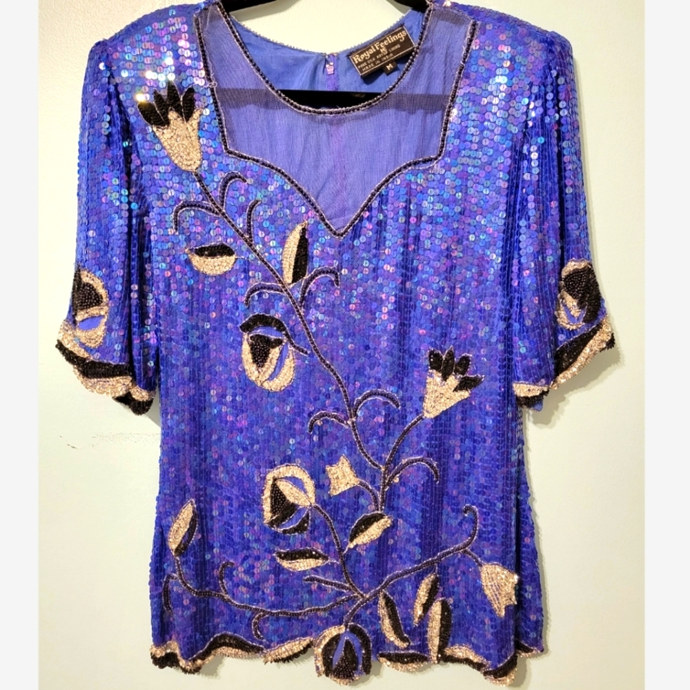 Vintage Royal Feelings Silk Sequin Top Size Medium. Cobalt Blue & Black. 1980s